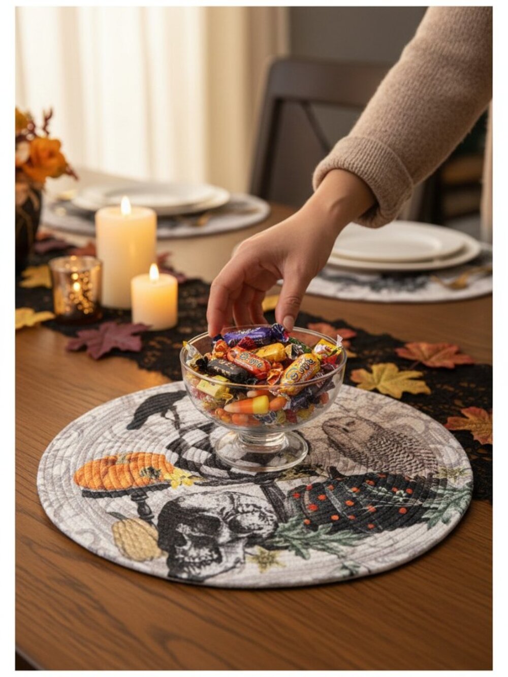 Rachel Zoe Halloween 14.5" Round Placemat Centerpiece Skull Owl Pumpkin